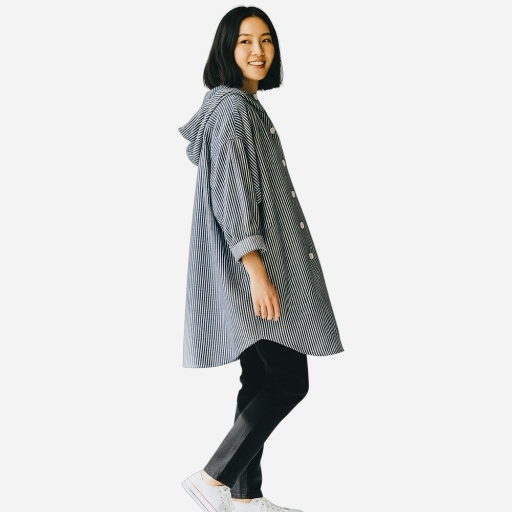 Hooded Denim Jacket Geometric Striped - Picture 6 of 15